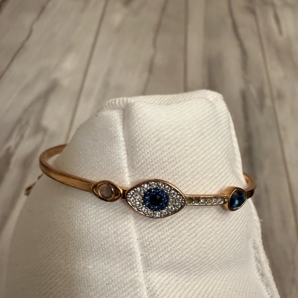 Rose Gold-Tone Clear and Blue Crystal Evil Eye Adjustable Bangle Bracelet
